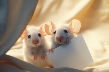 Fototapeta premium Two adorable white mice with large ears peeking out from behind a curtain, holding onto a blank white card
