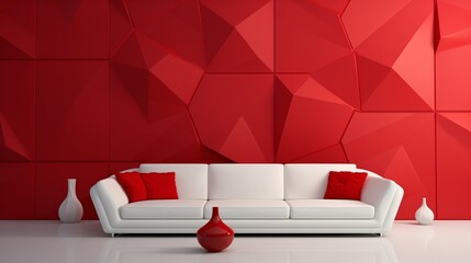 A minimalist living room with a pristine white sofa and a vibrant ruby 3D wall as the backdrop.