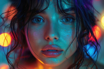 A captivating portrait illuminated by vibrant neon lights