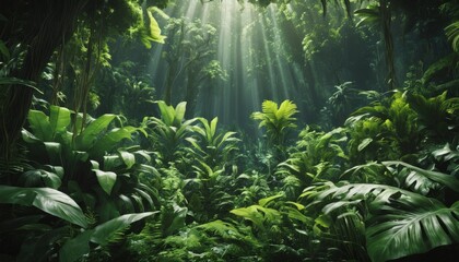 Sunbeams filter through the dense canopy of a lush, green rainforest, illuminating the vibrant undergrowth in a mystical light. AI Generation - obrazy, fototapety, plakaty