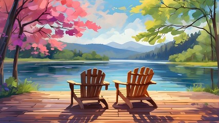 {An artistic interpretation of Adirondack chairs on a wooden deck, inviting relaxation amidst travel, designed for social media post size. The art style is impressionistic, with bold brush strokes and - obrazy, fototapety, plakaty