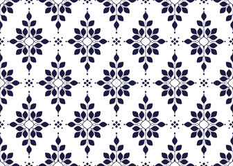 Symbol dark blue flowers and leaves on white background, ethnic fabric seamless pattern design for cloth carpet batik, wallpaper wrapping etc.