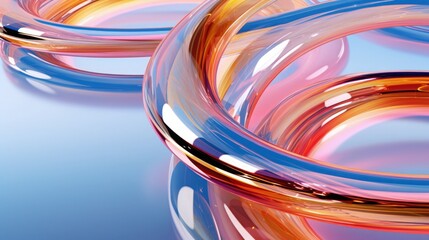 Abstract wallpaper with intertwined, glossy 3D rings with a gradient of colors against a soft blue background