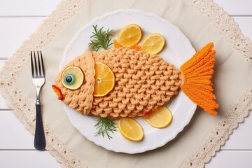 Crochet beige fish on a plate with lemon slices and fresh green herbs