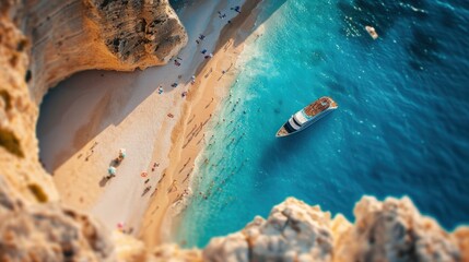 photorealism of Aerial drone shot of Zakynthos Navagio beach with tourists with cruise ship in blue Ionnian sea in summer time - obrazy, fototapety, plakaty