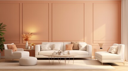 A modern lounge area adorned with a sleek white sofa against a subtle peach 3D wall, offering a perfect blend of style and relaxation.