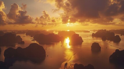 photorealism of Aerial view over Ha Long Bay in north Vietnam during sunset - obrazy, fototapety, plakaty