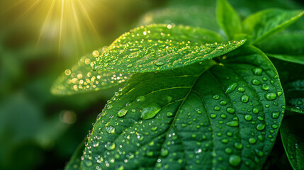 Close-up of huge bright green leaf of plantain lily funkia hosta covered with water rain dew drops lit by sun. Nature, spring, flora, botany, gardening, horticulture, landscaping. Copy space, macro.