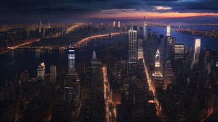 panoramic view of New York City skyline with skyscrapers at night