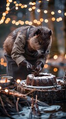 Beaver Chef Crafting Chocolate Dam Cake in Enchanted Forest Clearing with Fairy Lights