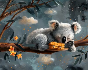 Fototapeta premium A Cozy Koala Chef Napping on a Branch Dreaming of Whimsical Baked Goods and Pastry Clouds in a Lush Whimsical Forest Scene