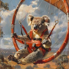 Agile Koala Performing Aerial Acrobatics in Hang Glider Through Hoops in the Sky Showcasing Precision and Grace - obrazy, fototapety, plakaty