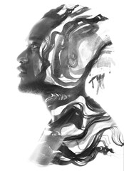 An artistic monochrome paintography double exposure profile portrait of a man