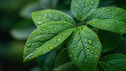 dew on the leaf in the garden. green plant closeup. natural wet texture. fresh nature background.