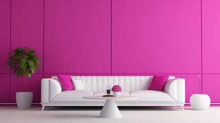 A modern lounge area with a plush white sofa set against a vibrant fuchsia 3D wall backdrop, evoking energy. - obrazy, fototapety, plakaty
