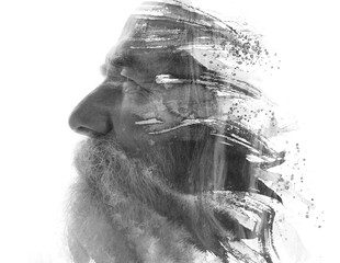 A fading paintography double exposure portrait profile of an old bearded man