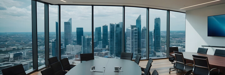 table and chairs in a office, tall and big building, city view