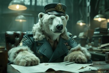 Anthropomorphic Polar Bear in Military Uniform at Desk
 - obrazy, fototapety, plakaty