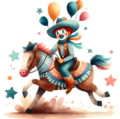 A happy cartoon clown riding a horse. The clown is wearing a cowboy hat and there are balloons floating around his head.