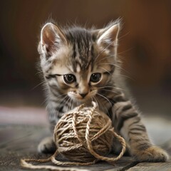 Adorable kitten playing with a ball of yarn - obrazy, fototapety, plakaty