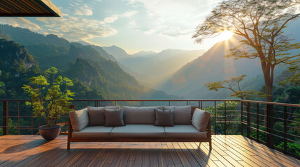 Fototapeta premium Wooden terrace with the sofa in the mountains