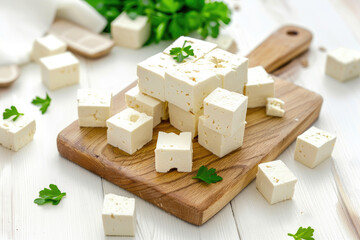 Tofu cheese cubes on the wooden cutting board