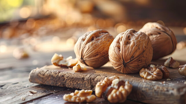 Close-up of walnuts on an old wooden cutting board on a wooden table
