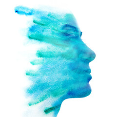 A young woman's profile merged with an abstract painting in a paintography