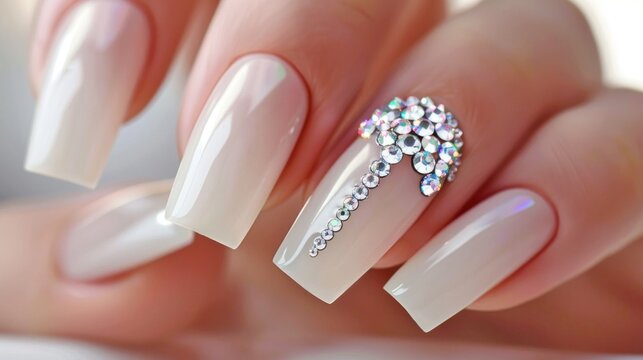 Pale pink nailed hand with rhinestone accent.