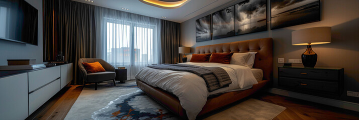 Wide-angle shot of a modern bedroom with a statement headboard, hyperrealistic photography of modern interior design
