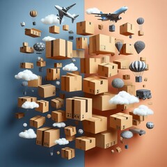 A surreal composition featuring an array of floating cardboard boxes with transportation elements in a dreamlike sky.. AI Generation