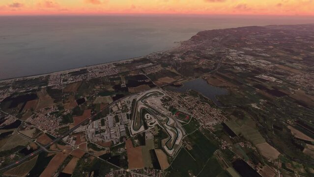Top aerial view at sunset of Misano World Circuit Marco Simoncelli in Adriatico RN. Italy