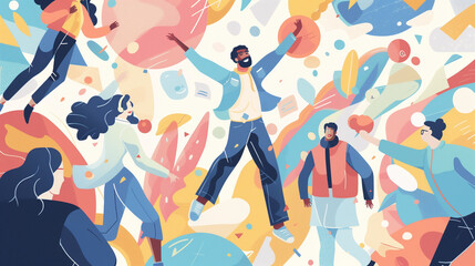 illustration featuring a person celebrating their new job opportunity, surrounded by supportive colleagues, mentors, and friends. - obrazy, fototapety, plakaty