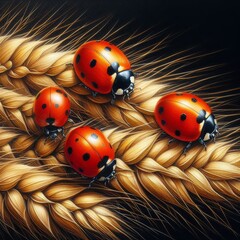 A group of ladybugs crawling in a line along a golden wheat stalk, showcasing natural harmony.. AI Generation
