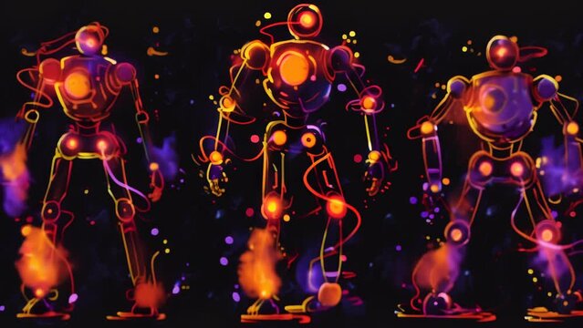 Vibrant purple and orange neon human figures move dynamically as if dancing against a black background in this abstract digital art. 
