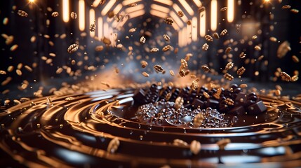 Levitating Barley Grains in a Cosmic Chocolate Swirl with Neon Lit Droplets