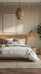 Wide-angle shot of a modern bedroom with a statement headboard, scandinavian style interior