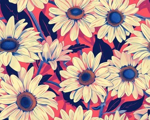 Fototapeta na wymiar Oversized daisies and sunflowers on a bold background