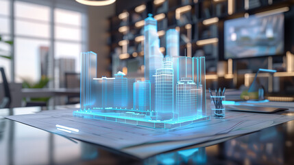3d blue prints of a real estate project on a table in modern office, real estate business 