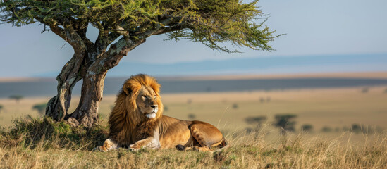 Lion is laying down under a tree in a grassy field, copy space