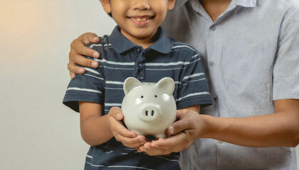child and adult holding money jar, donation, saving, family financial plan for future life insurance; kid with piggybank