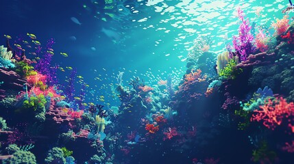 Transform the depths of the ocean into a mesmerizing voxel art masterpiece, viewed from a striking low-angle perspective Integrate abstract elements that symbolize leadership principles, creating a un