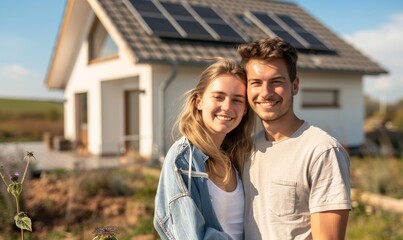 A cheerful couple smiles warmly in front of their eco-friendly home featuring solar panels