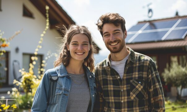 Youthful and happy couple standing in front of their house with environmentally-friendly solar panels