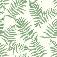 A seamless pattern of delicate hand-drawn fern leaves in soft green