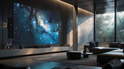 A chic interior featuring a cosmic space projection for entertainment in a dark, tranquil setting - obrazy, fototapety, plakaty