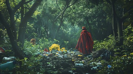 Capture a humorous scene of a person recycling in a superhero cape, surrounded by mischievous animals in a lush forest, in vibrant analog photography - obrazy, fototapety, plakaty
