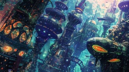Capture a mesmerizing, close-up shot of a futuristic underwater city in vivid watercolors, showcasing sleek AI-powered submarines and bioengineered sea creatures - obrazy, fototapety, plakaty