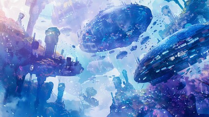 Capture a mesmerizing, close-up shot of a futuristic underwater city in vivid watercolors, showcasing sleek AI-powered submarines and bioengineered sea creatures - obrazy, fototapety, plakaty