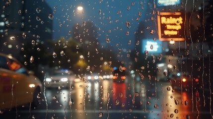 Obraz premium A view of the city through glass on a rainy night 